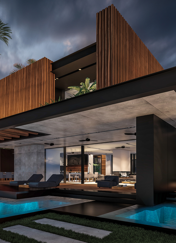 Modern house with pool at night.