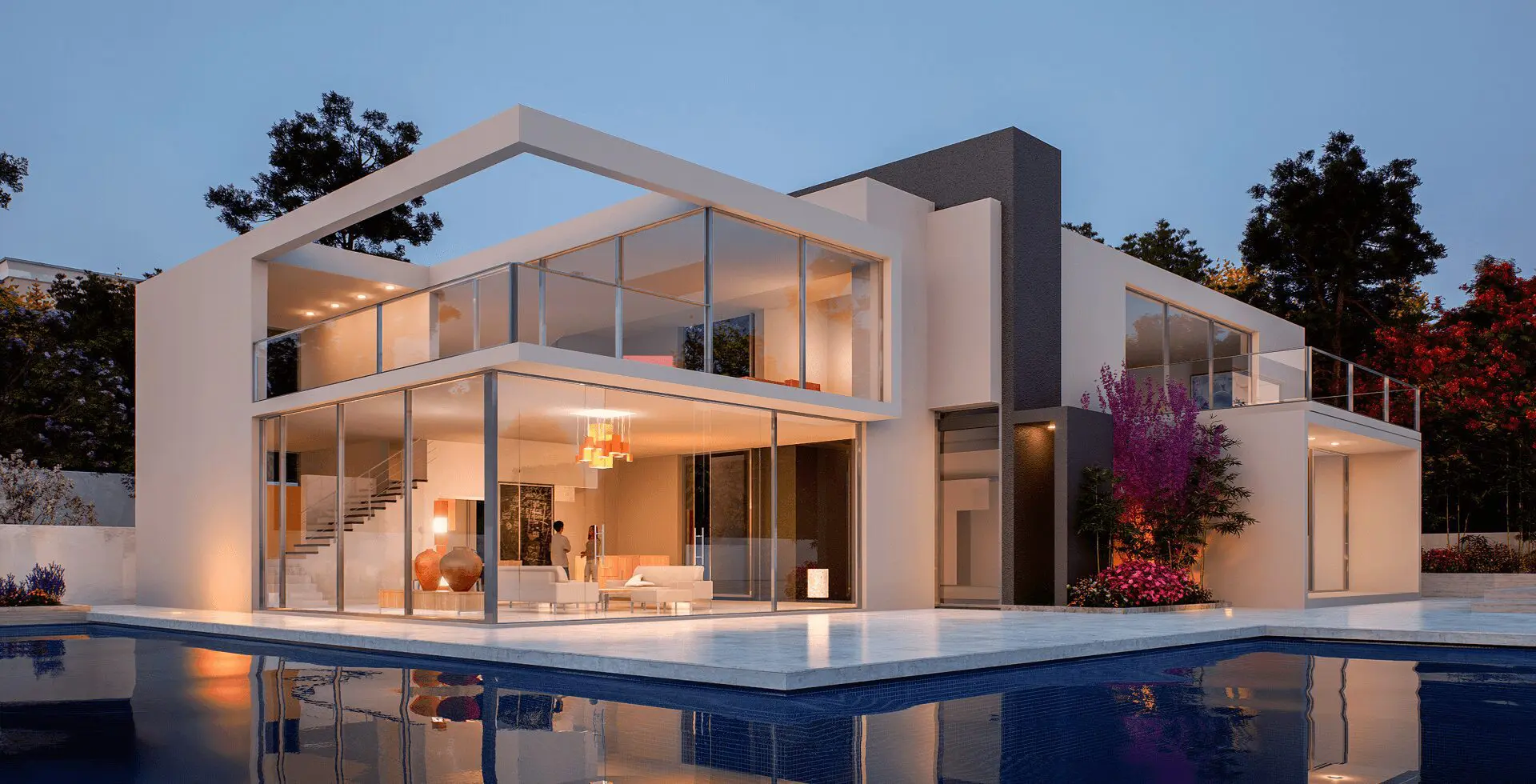 Modern house with large windows and pool.