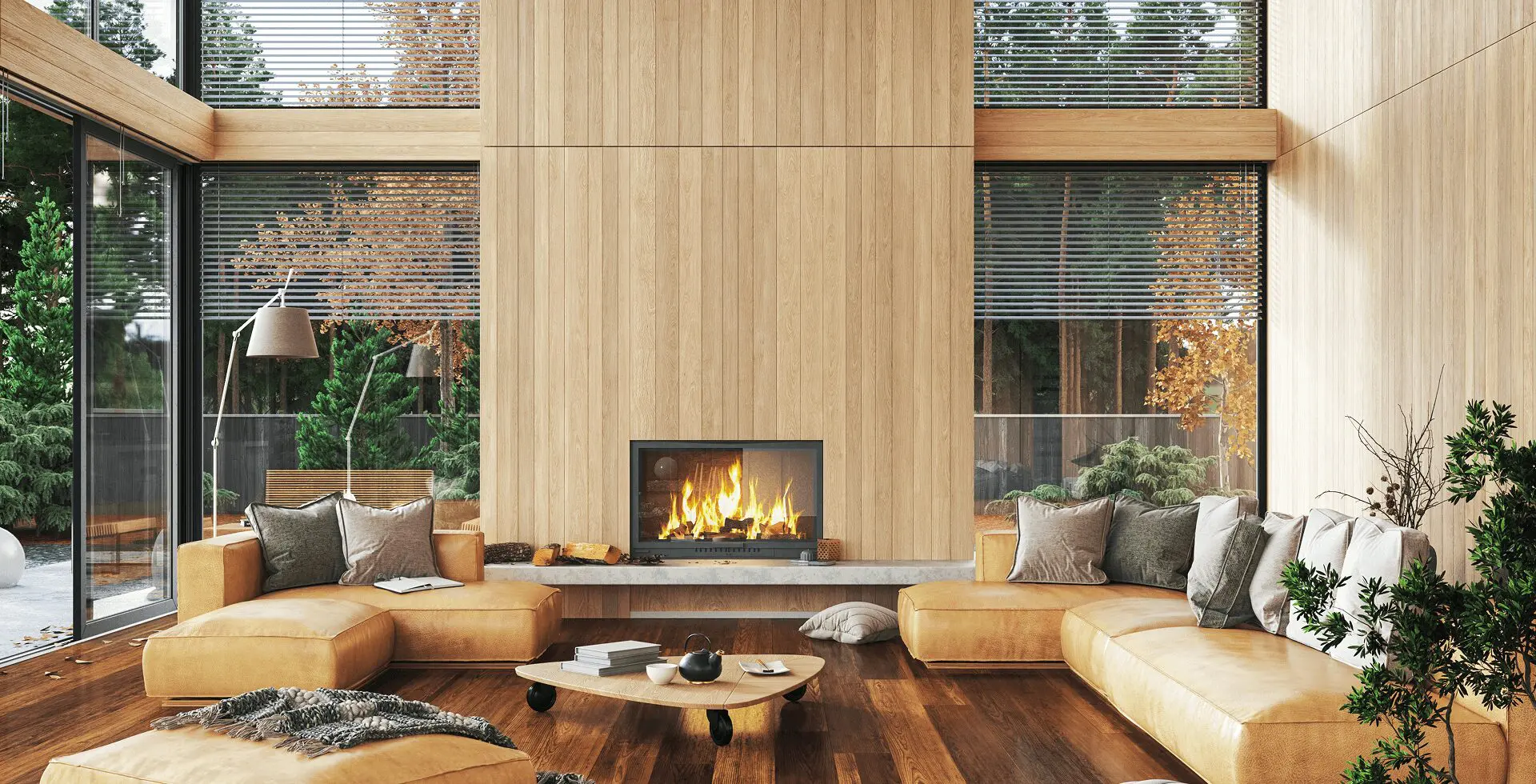 Modern living room with fireplace and sofas.
