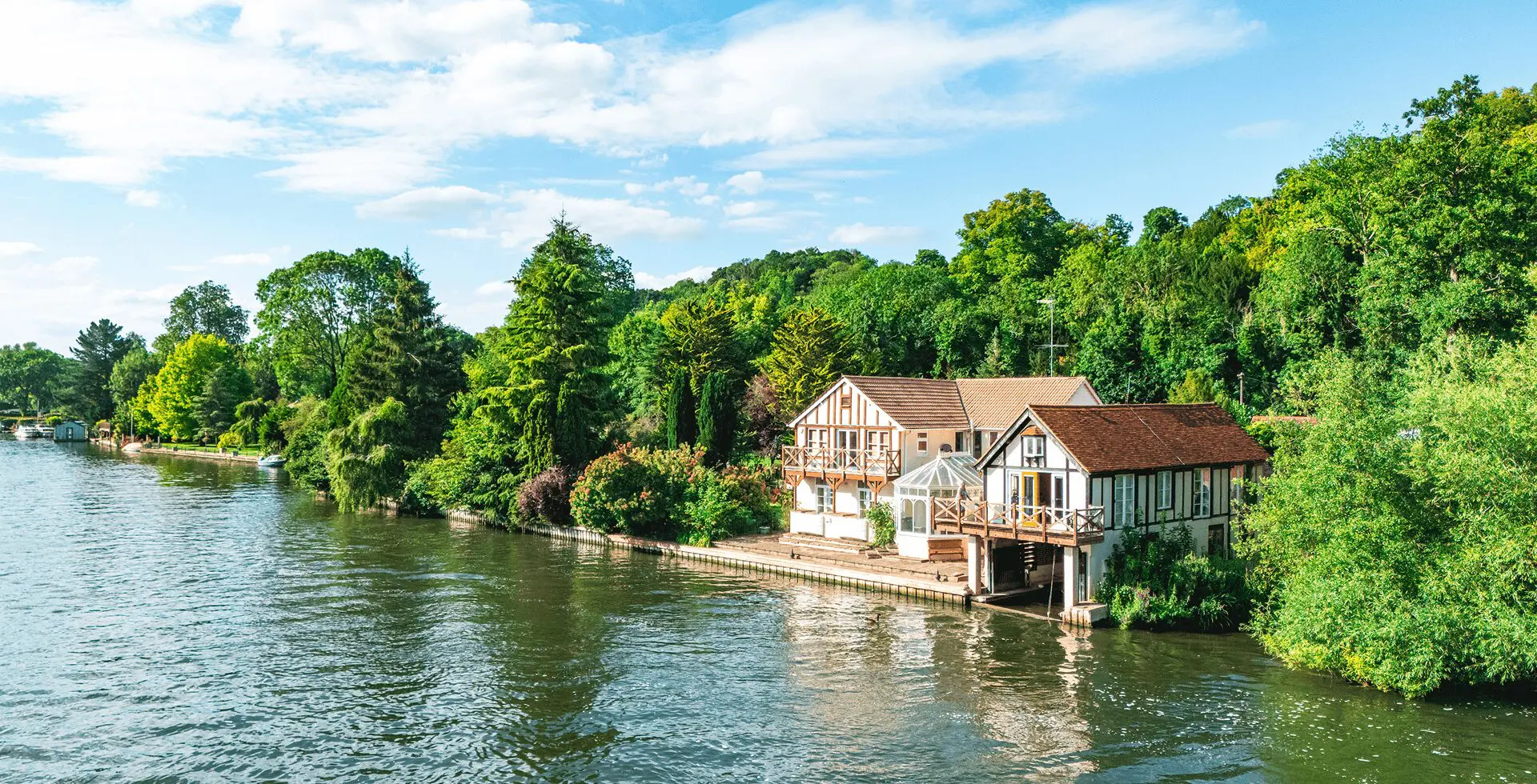 view of beautiful lake house. resort park near forest. copy space